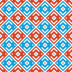 Abstract geometric seamless rhombuses pattern. Stylish texture. Repeating ethnic ornament. Blue and red tiles. Vector color background.