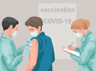 Fototapeta premium vaccination covid-19 coronavirus concept, Doctor in personal protective mask with syringe inject vaccine shot, nurse take notes