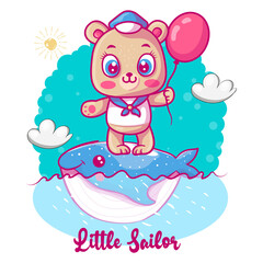 cute baby bear with balloon and whale and sailor uniform vector illustration