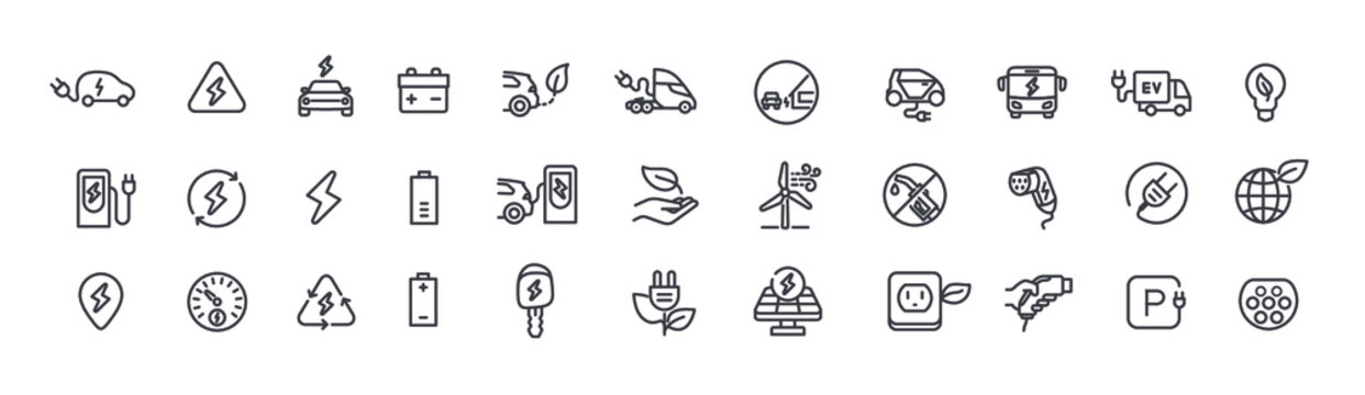 EV Electric Vehicle Line Icon Set. Electricity Car Editable Stroke Outline Sign Collection.