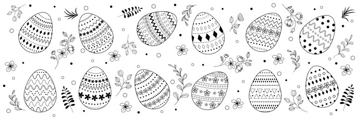 Decorated Easter eggs with flowers isolated on a white background. Vector outline icons