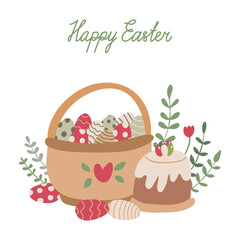 Easter greeting card with a cake, a basket full of colorful eggs, branches with leaves and flowers. Hand drawn vector illustration on white. Happy Easter lettering.