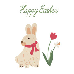 Cute bunny with ribbon bow and a spring flowers tulip and daffodil. Vector illustration isolated on white. Happy Easter hand drawn lettering. Nice greeting card..