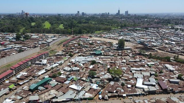 Drone view of the roofs of Kibera  kenya. City scape of the poor community living Kibera.