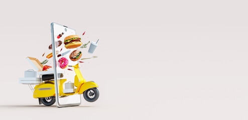Fast food online delivery concept with scooter coming through the smartphone screen 3D Rendering, 3D Illustration