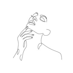 Woman Face and Hand Continuous Line Drawing. Female Fashion Minimalist Concept, Woman Face Beauty Drawing, Vector Illustration. Good for Prints, T-shirt, Banners, Slogan Design Modern Graphics Style