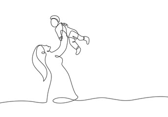 Happy Mother`s Day Continuous Single Line Drawing. Happy Family One Line Drawing. Mother and Baby Minimalist Illustration. Vector EPS 10.	