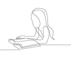 Girl Reading Continuous One Line Drawing. Girl with Book One Line Illustration. Reading Line Abstract Concept. Minimalist Contour Drawing. Vector EPS 10