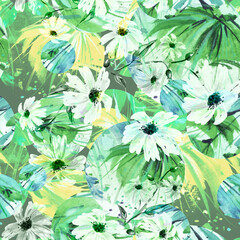 Creative seamless watercolor pattern of plants, Herbs, flowers, poppy, lily,green tulip. calendula, chamomile flowers watercolor, stylish pattern. Abstract paint splash. Watercolor background