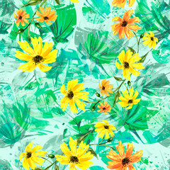 Obraz premium Creative seamless watercolor pattern of plants, Herbs, flowers, poppy, lily,green tulip. calendula, chamomile flowers watercolor, stylish pattern. Abstract paint splash. Watercolor background