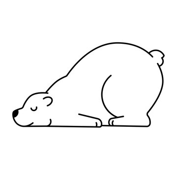 Polar bear asleep. Animal is sleeping. Bear lying head down. Outline drawing. Line vector illustration.  Isolated on white background.