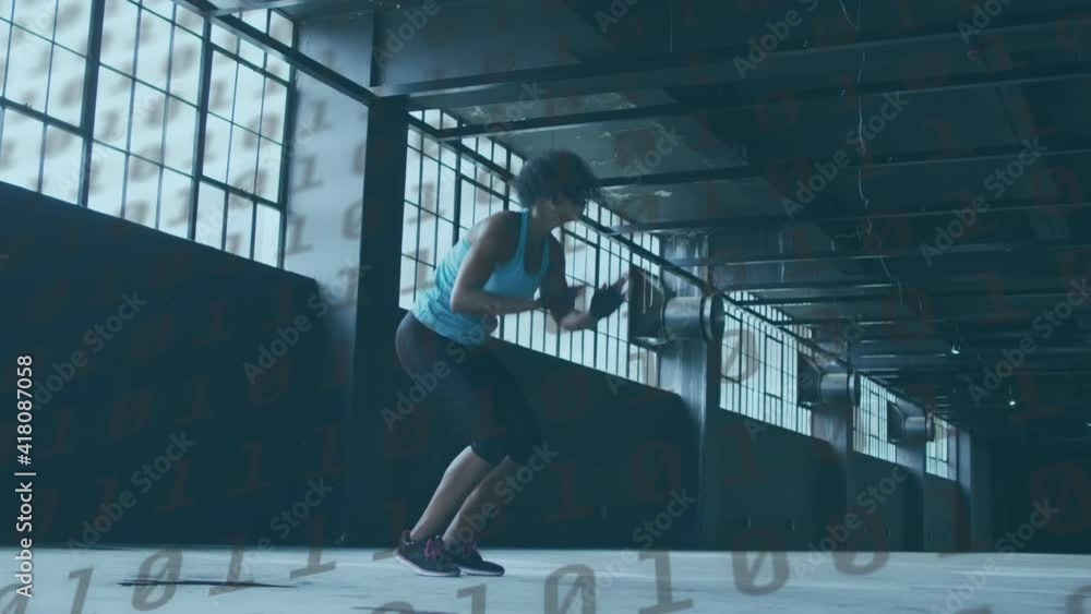 Poster binary coding data processing against african american woman performing jumping jack exercise
