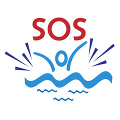 A drowning man in the water.  The inscription sos.  Vector illustration