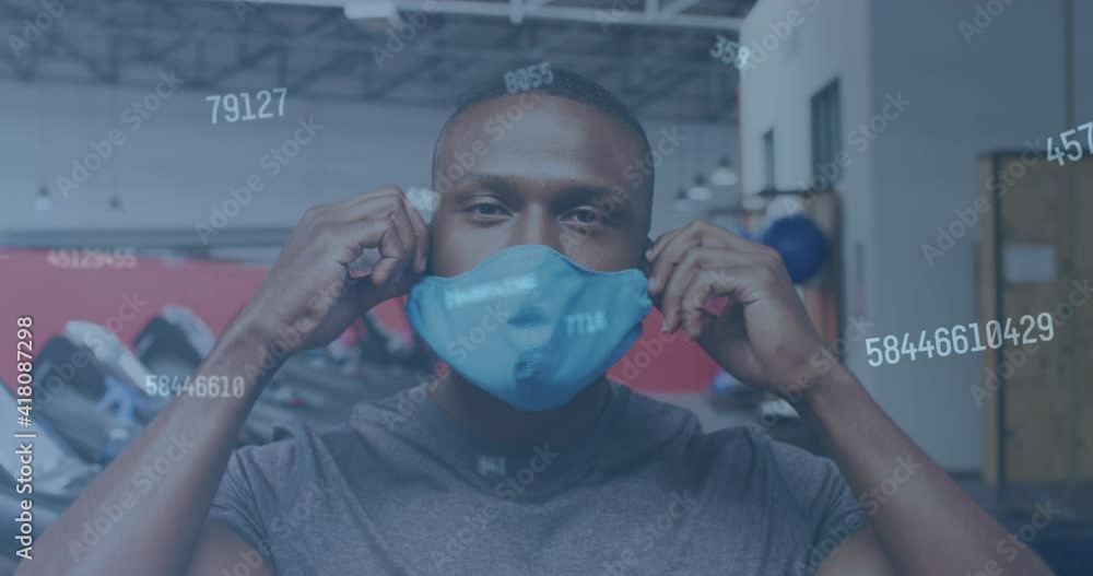 Poster animation of numbers changing over man putting face mask on in gym