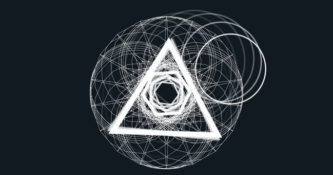 Animation of multiple white geometric figures spinning on seamless loop over on black background