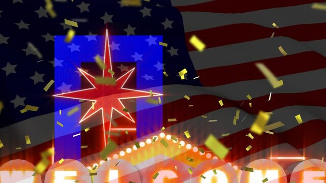 Animation of confetti falling with american flag over las vegas casino sign