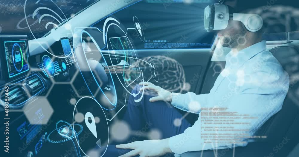 Aufkleber animation of interface showing icons and information with man in vr headset in self driving car