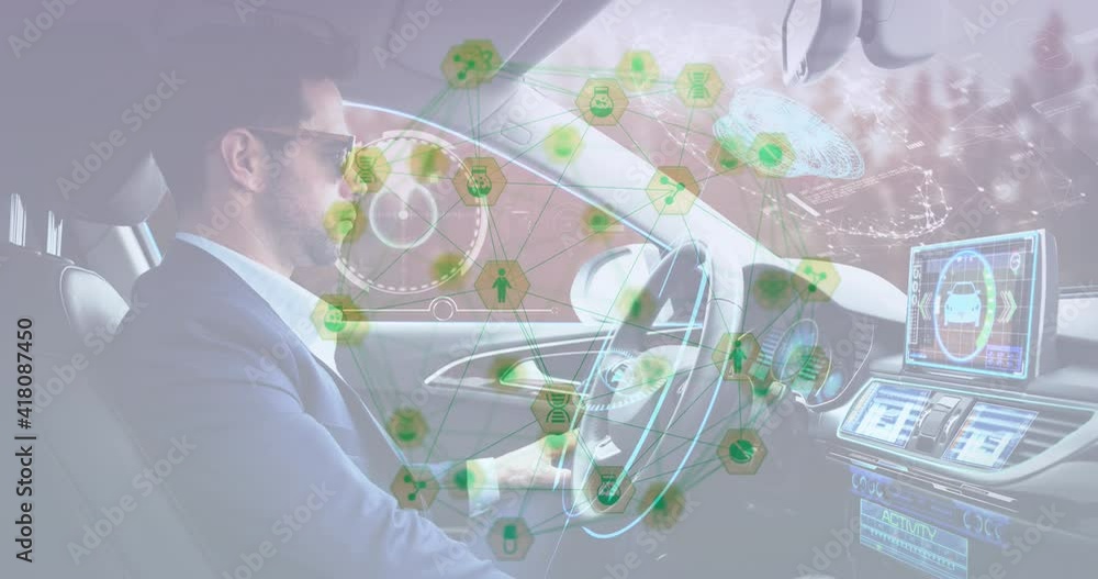 Poster animation of interface showing scope and information displays with man in self driving car