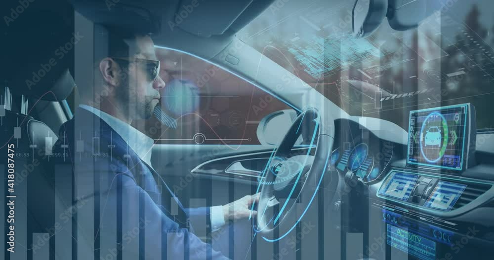 Aufkleber animation of interface showing statistic and information displays with man in self driving car