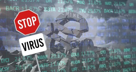 Animation of stop virus sign, financial statistics and crumbling euro currency symbol