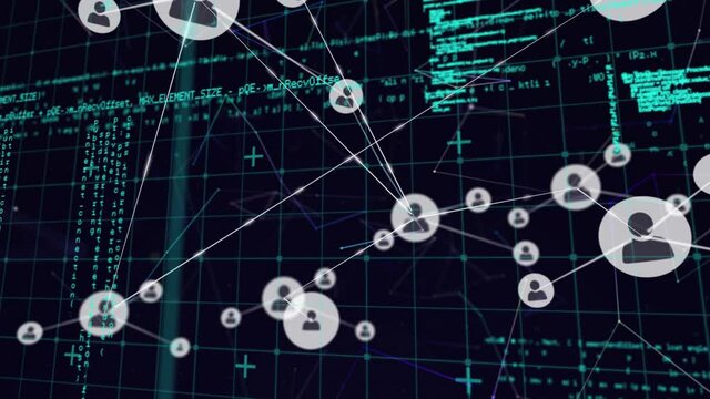 Animation of network of connected people icons with information moving behind on black