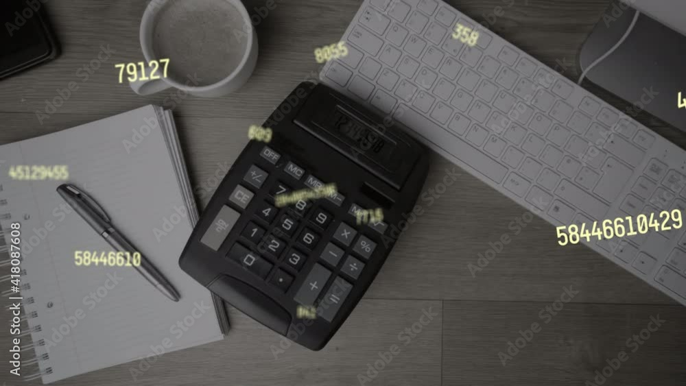 Poster animation of numbers changing over desk with calculator and computer keyboard