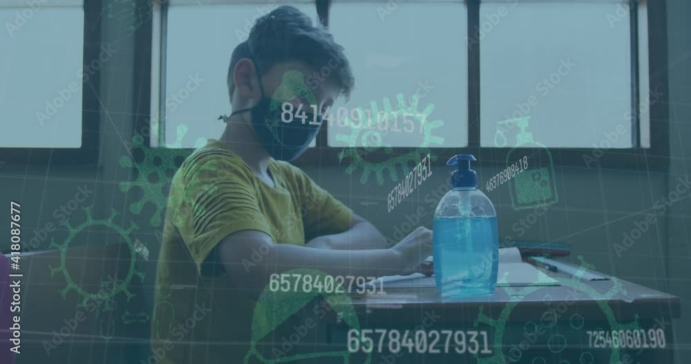 Poster animation of covid 19 icons and numbers changing over schoolboy in face mask using hand sanitizer