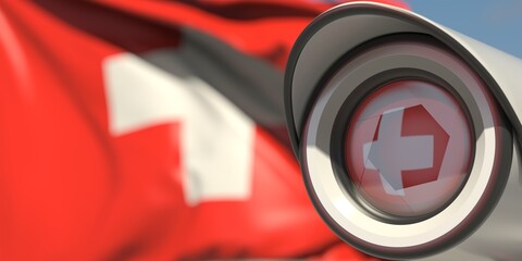 Surveillance camera and flag of Switzerland. National security system concept. 3D rendering