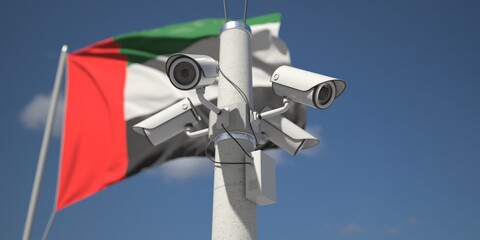 Naklejka na ściany i meble Flag of the UAE and four security cameras, 3d rendering