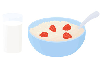 Oatmeal breakfast bowl with strawberry. Cup of oat grain porridge with glass of milk and berries isolated on white background. Vector food illustration. Cartoon muesli, flakes for healthy eating.