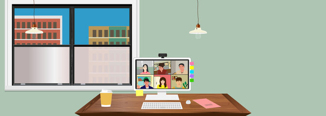 Remote work. Online meeting. Video conference. home, live meeting, desktop PC, web camera, sticky, tag, lesson, vector illustration, graphic, work from home job, telework, copy space, landscape,