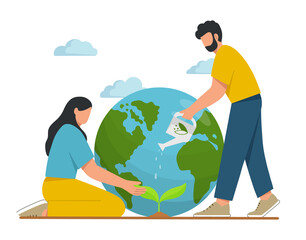 Young people take care the planet. Happy Earth Day. Concept of environmental protection and nature care. Design for greeting card, poster, web or print. Flat vector illustration.
