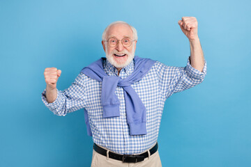 Photo of hooray old grey hairdo man hands fists wear spectacles blue shirt isolated on pastel color...