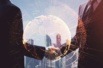 Double exposure of social network theme hologram and handshake of two men.