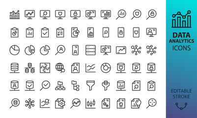 Data analytics and statistics isolated icon set. Set of research marketing, personal information, business presentation, database network, pie chart, bar graph, mind map, data analysis vector icons