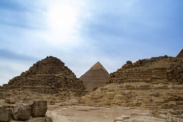 Cairo, Egypt - 09 Feb 2021. Great pyramids of ancient Egypt in Giza, Cairo