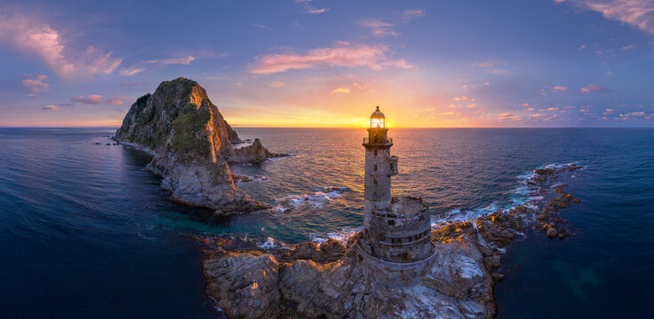 Aerial view of the Aniva Lighthouse. Sakhalin Island, Russia.