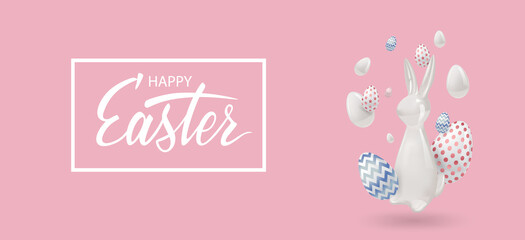Happy Easter holiday background. 3d white ceramic rabbit and bunny, eggs with blue and pink ornament. Festive design with realistic decoration elements. Vector illustration. Easter Design for banner.