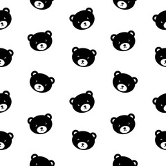Seamless pattern with cute teddy bear faces. Simle black silhouettes on white background. Vector illustration.