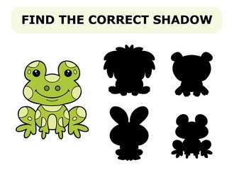Vector illustration of shadow matching game for children. Vector isolated cartoon frog on the white background. Learning activity.