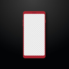 Realistic red smartphone on black background. 3D mobile phone mockup with transparent screen. Vector