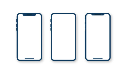Set of mobile phone mockup with empty white screen. Blue smartphone on white background. Vector