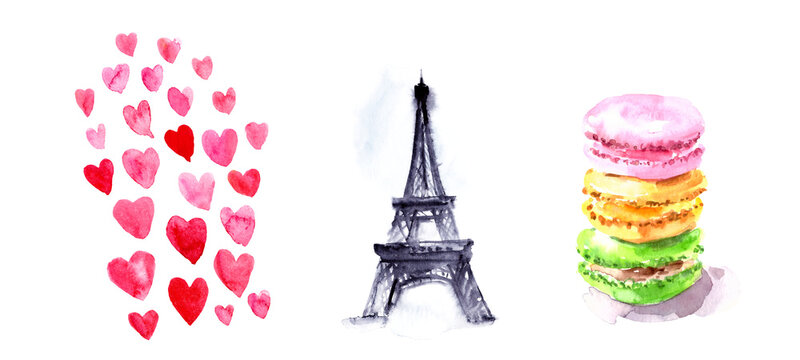 Hand drawn watercolor set with french illustration, heart texture, Paris and sweet macaron