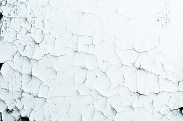 Many small cracks on the yellowed surface. Very old faded white paint, vintage background close-up, rough textured surface.