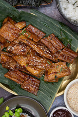 Tofu skins yuba rolls glazed and roasted, served with rice, edamame