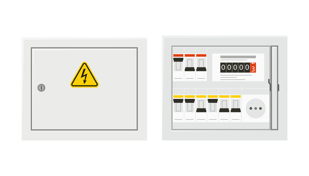 Electrical power switch panel with open and close door. Fuse box. Isolated vector illustration in flat style on white background