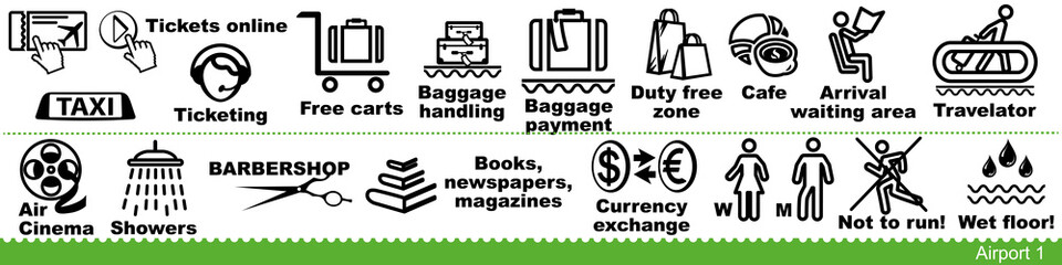 Set of airport icons. Baggage, waiting area, tickets, taxi service and airport amenities. Vector Illustration