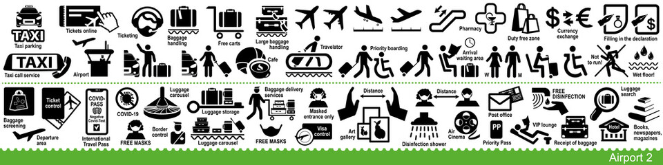 Set of airport, aircraft and air travel icons. Including COVID precautions signs. Vector Illustration
