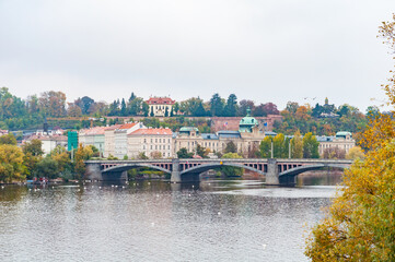 Obraz premium Vltava river with ancient bridges. Panorama a beautiful city, capital Czech Republic, Prague