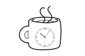 Coffee cup alarm. A cup of fresh tea or coffee with hour mark. coffee cup clock time.
